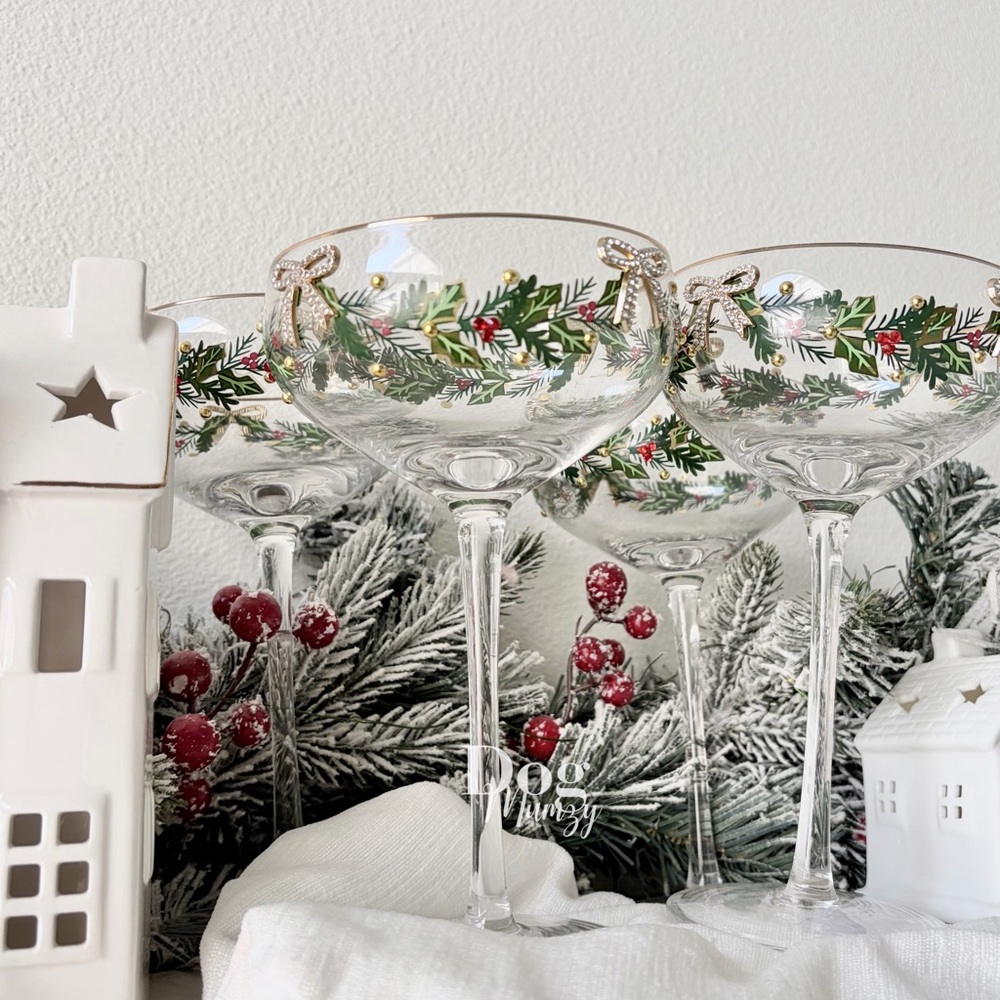 4 Gold Rimmed Rhinestone Wreath Martini Wine Glass with Bow